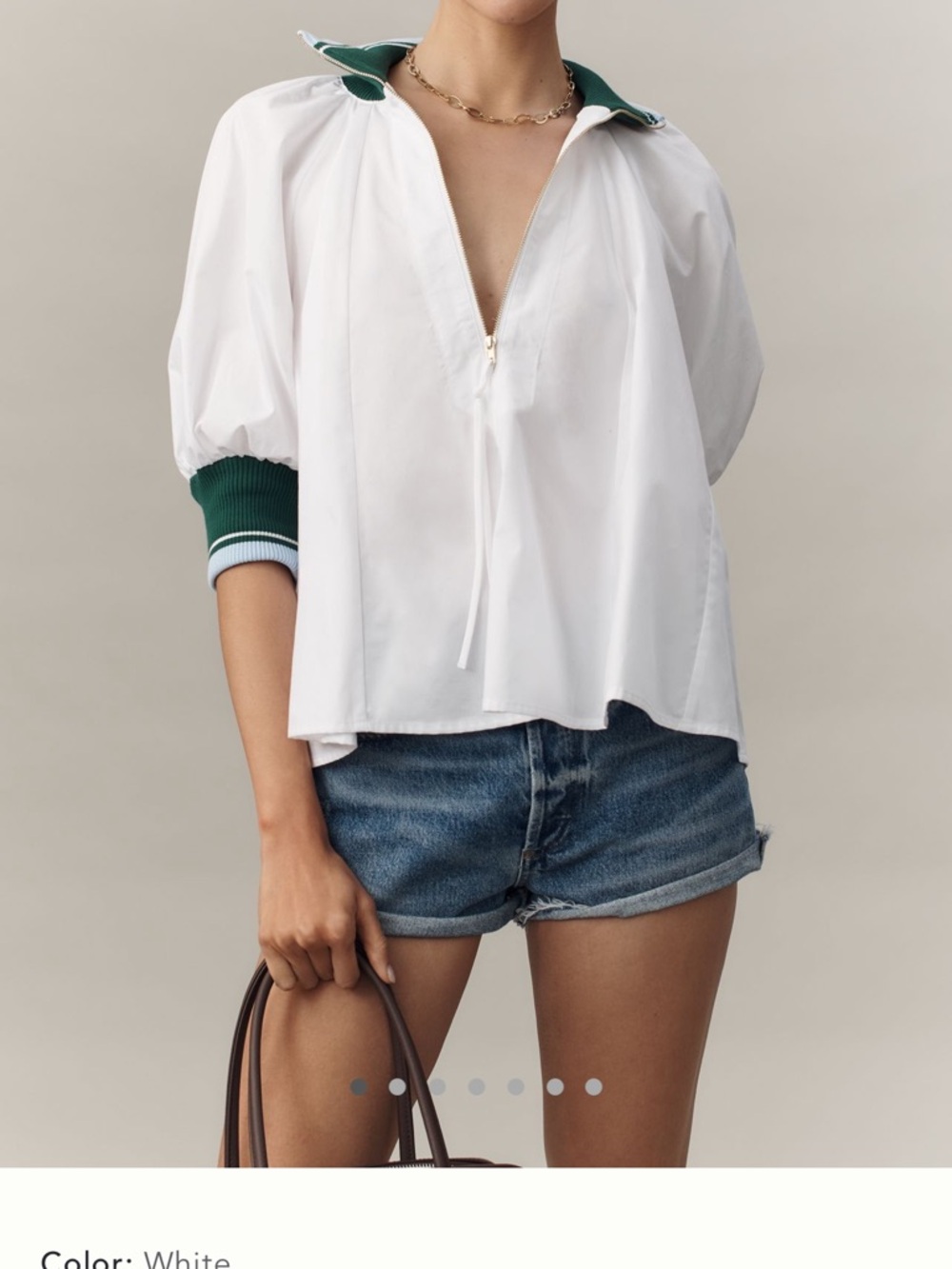 Maeve White Sporty Top with Green  and light blue Contrast Collar